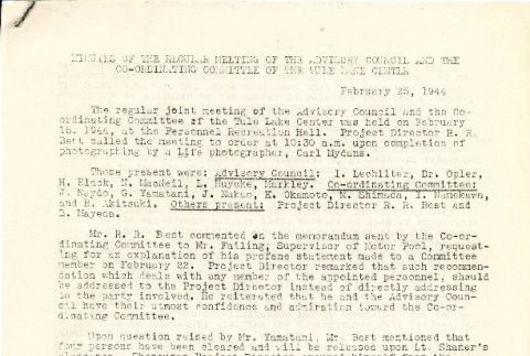 [Minutes of the regular meeting of the advisory council and the Co-ordinating Committee of the Tule Lake Center, February 25, 1944] (ddr-csujad-2-28)