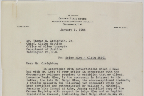 Letter from Oliver Ellis Stone to Thomas Creighton, Chief of Claims Office of Alien Property (ddr-densho-437-51)