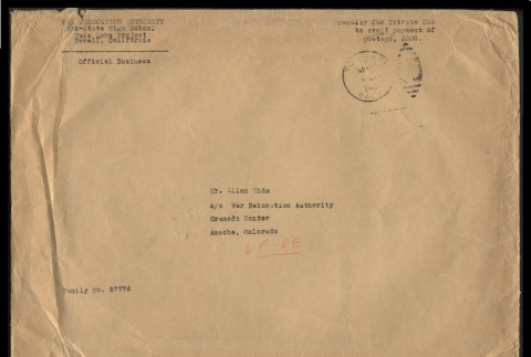 Envelope from the Tri-State High School, Tule Lake Project, to Mr. Allan Minoru Hida, Granada Center (ddr-csujad-55-1990)