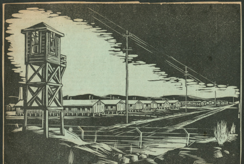 Card with artist representation of camp (ddr-densho-493-101)