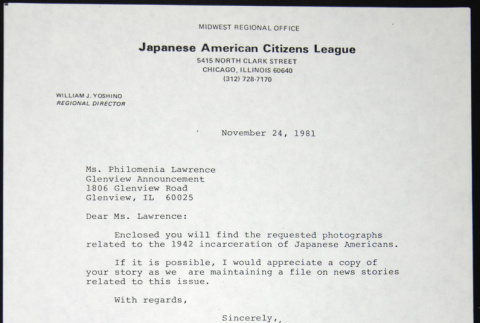 Letter to Philomenia Lawrence from the Glenview Announcement from William Yoshino (ddr-chijacl-1-519)