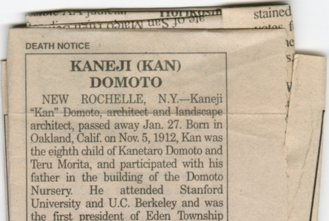 Obituary for Kaneji Domoto in Pacific Citizen (ddr-densho-329-1093)