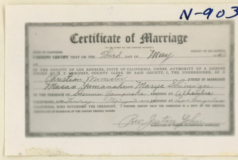 Masao Yamanaka and Marye Shimizu marriage certificate (ddr-densho-37-1821)
