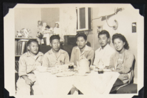 Five people around a table (ddr-densho-542-733)