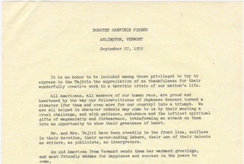 Thank you letter to Guyo and Larry Tajiri from Dorothy Canfield Fisher (ddr-densho-338-409)