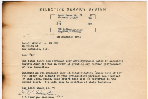 Letter from Selective Service concerning Kaneji Domoto postponing induction (ddr-densho-329-1035)