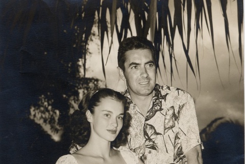Tyrone Power and Linda Christian posing in a Hawaiian garden (ddr-njpa-1-1124)