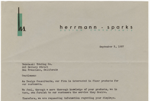 Letter from Edward Herrmann, Herrmann-Sparks Design, to Takahashi (ddr-densho-424-94)