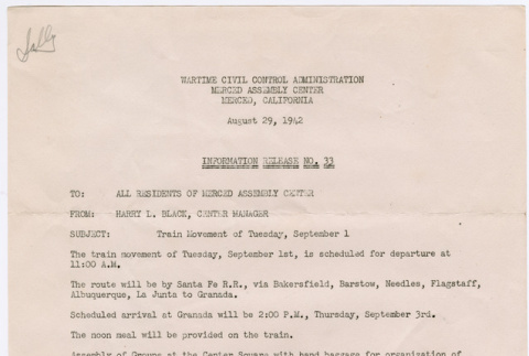 Memo to all resident of Merced Assembly Center from Harry L. Black, Center Manager (ddr-densho-329-984)