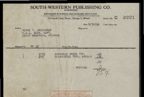 Invoice from South-Western Publishing Co. to Verne T. Underwood, War Relocation Authority Education Department, June 30, 1944 (ddr-csujad-55-1001)