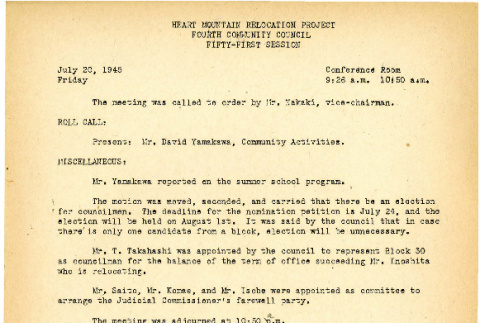 Heart Mountain Relocation Project Fourth Community Council, 51st session (July 20, 1945) (ddr-csujad-45-45)