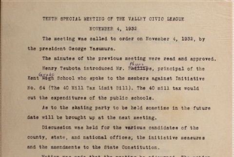 Minutes of the tenth Valley Civic League special meeting (ddr-densho-277-32)