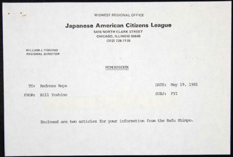 Memo to Redress Representatives from Bill Yoshino (ddr-chijacl-1-290)
