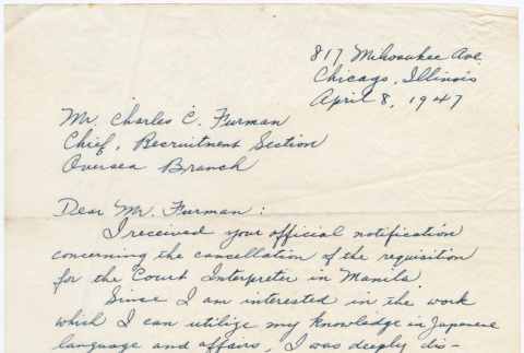 Letter from Takami Hibiya to Charles C. Furman (ddr-densho-381-153)