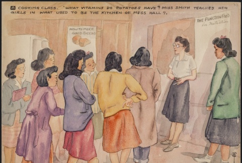 Painting of a cooking class at Manzanar High School (ddr-manz-2-48)