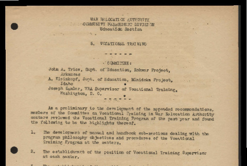 Recommendations by the Committee on Vocational Training, War Relocation Authority, Community Management Division, Education Section (ddr-csujad-55-1698)