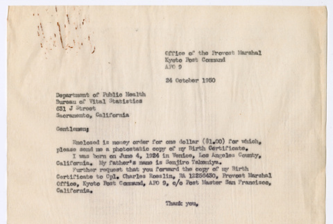 Request for copy of Mitsuye Takemiya's birth certificate (ddr-densho-550-50)