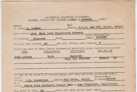 Information concerning Citizenship German, Italian and Japanese Farmers of Alameda County and associated documents for Aihara family. (ddr-densho-491-44)