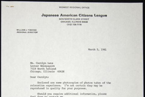 Letter to Carolyn Lenz from William Yoshino (ddr-chijacl-1-649)