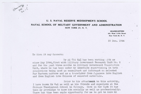 Letter from Lt. James T. Watkins, IV, USNR - Translation Unit, to whom it may concern (ddr-densho-446-144)