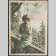 Woman sitting on railing holding stuffed toy (ddr-densho-523-7)