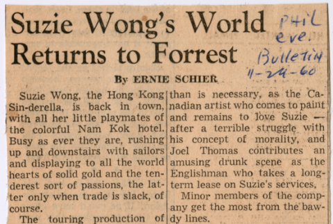 Clipping from the Evening Bulletin in Philadelphia with review of The World of Suzie Wong (ddr-densho-367-274)