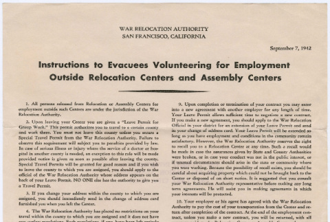 Instructions to Evacuees Volunteering for Employment Outside Relocation  Centers and Assembly Centers (ddr-densho-410-52)