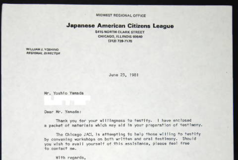 Letter to Yoshio Yamada from Bill Yoshino (ddr-chijacl-1-618)