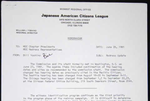 Memo to Chapter Presidents, Redress Reps from Bill Yoshino (ddr-chijacl-1-284)