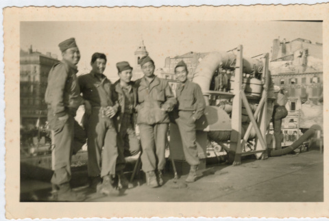 Soldiers aboard ship in European port (ddr-densho-368-35)