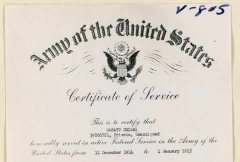 Certificate of service for Masato Onishi (ddr-densho-37-1901)