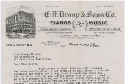 Letter from E.F. Droop and Sons piano and victrola store to Tomoye Nozawa (ddr-densho-410-135)