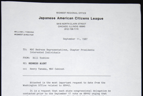Memo to MDC Chapter Presidents and Redress Representatives from Bill Yoshino (ddr-chijacl-1-243)