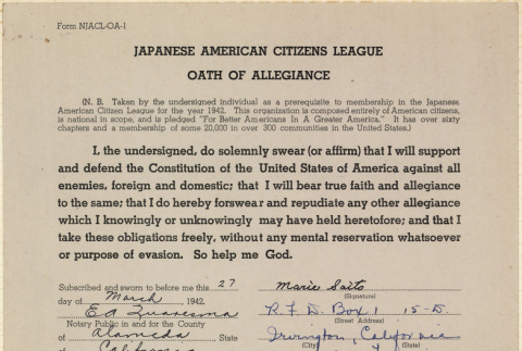 JACL Oath of Allegiance for Marie Saito (ddr-ajah-7-116)