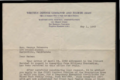 Letter from Herman P. Goebel, Jr., Captain, Cavalry, Adjutant, to Mrs. George Nakamura, May 1, 1942 (ddr-csujad-55-2387)