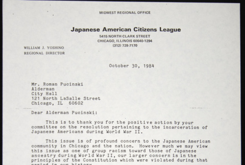 Letter to Roman Pucinski from William Yoshino (ddr-chijacl-1-700)