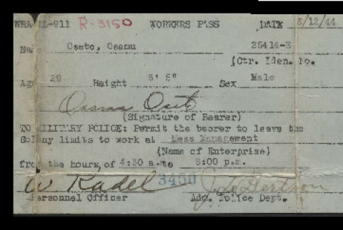 Workers pass, WRA TL-911, Osamu Oseto (ddr-csujad-55-1896)