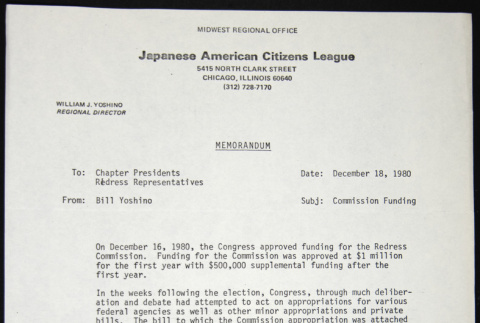 Memo to Chapter Presidents and Redress Representatives from Bill Yoshino (ddr-chijacl-1-460)