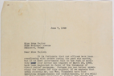 Letter from Teiko Kuroiwa, Takahashi Trading Company to Erma Taylor (ddr-densho-424-847)