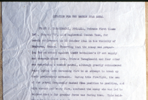 Frank S. Yanagimachi Bronze Star Medal citation (ddr-densho-1007-679)