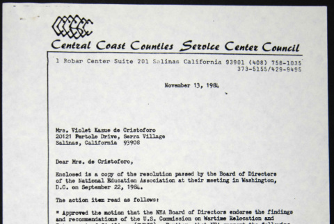 Letter to Violet Kazue de Cristoforo from Dorothy Lund from the Central Coast Counties Service Center, on National Education Association resolution on redress (ddr-chijacl-1-84)