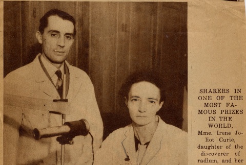 Newspaper clipping regarding Irene Joliot Curie and Frederick Joliot (ddr-njpa-1-69)