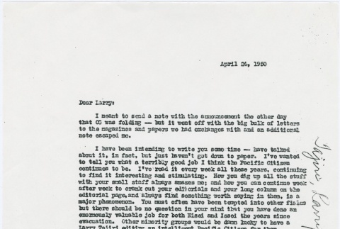 Letter to Larry Tajiri from Margaret Anderson, editor of Common Ground (ddr-densho-338-465)
