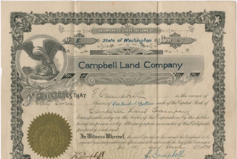 Certificate for shares of Campbell Land Company (ddr-densho-278-38)