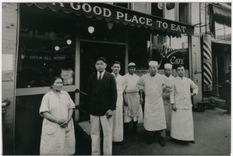 The Kinoshita family, cooks, and staff in front of Jim's Cafe (ddr-densho-353-108)