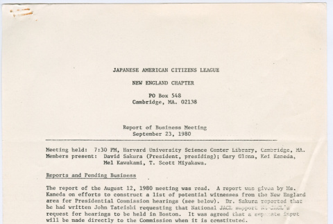 Report of Business Meeting of New England Chapter of the JACL 9/23/1980 (ddr-densho-523-749)