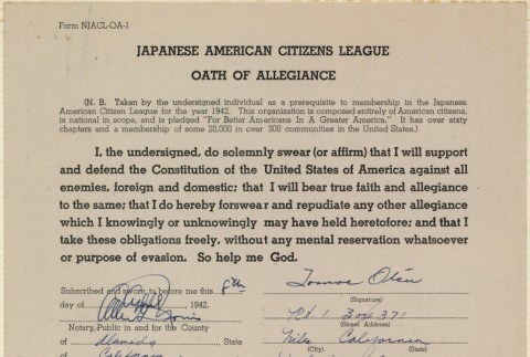 JACL Oath of Allegiance for Tomoe Out (ddr-ajah-7-112)