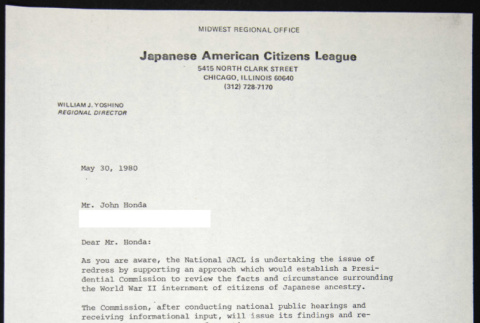 Letter to John Honda from William Yoshino (ddr-chijacl-1-476)