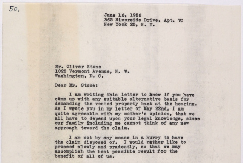 Letter from Lawrence Miwa to Oliver Ellis Stone concerning claim for James Seigo Maw's confiscated property (ddr-densho-437-231)