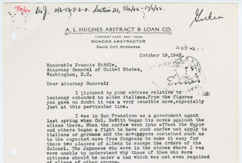 Letter from Forrest Lear to Attorney General Francis Biddle and response from Edward J. Ennis (ddr-densho-1007-1035)